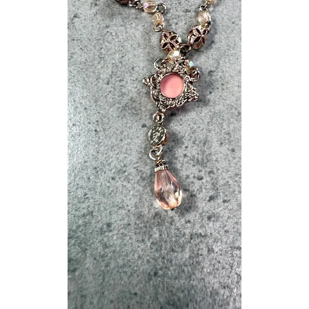 1928 Jewelry Pink Rose Y-Drop Necklace, Victorian Romantic Floral Resin Choker